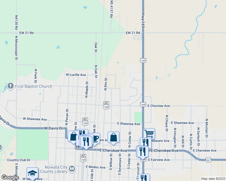 map of restaurants, bars, coffee shops, grocery stores, and more near 450 North Willow Street in Nowata