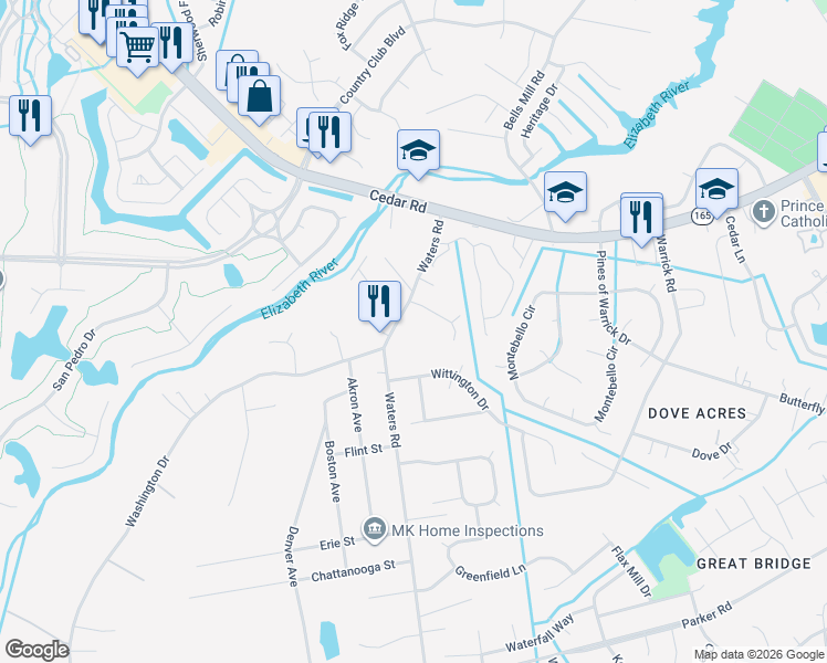 map of restaurants, bars, coffee shops, grocery stores, and more near 516 Twelve Oaks Court in Chesapeake