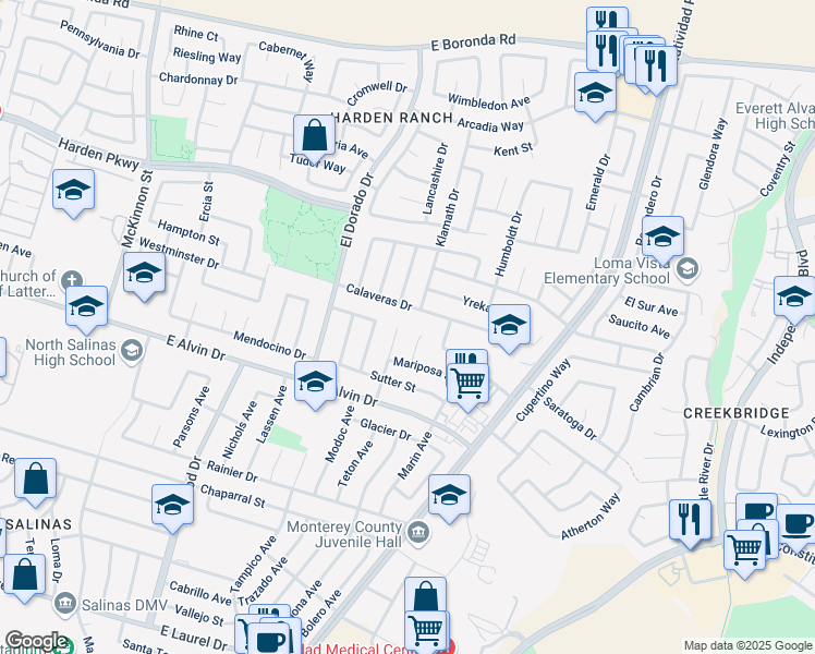 map of restaurants, bars, coffee shops, grocery stores, and more near 1548 Mariposa Court in Salinas