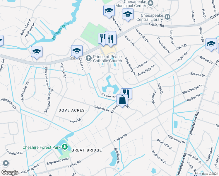 map of restaurants, bars, coffee shops, grocery stores, and more near 504 Long Point in Chesapeake