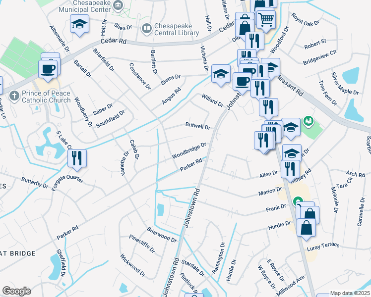 map of restaurants, bars, coffee shops, grocery stores, and more near 228 Woodbridge Drive in Chesapeake