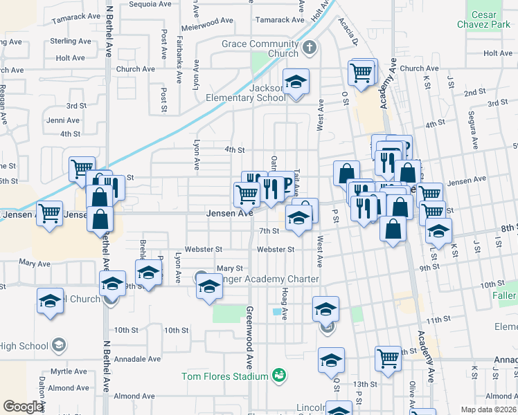 map of restaurants, bars, coffee shops, grocery stores, and more near 620 Greenwood Avenue in Sanger