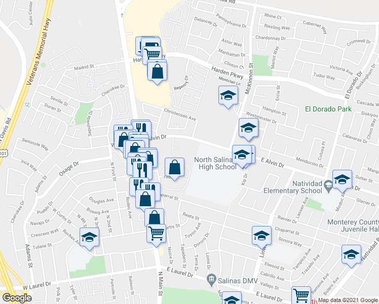 map of restaurants, bars, coffee shops, grocery stores, and more near 196 East Alvin Drive in Salinas