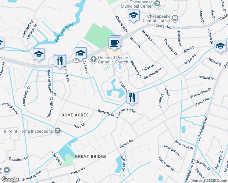 map of restaurants, bars, coffee shops, grocery stores, and more near 511 Long Point in Chesapeake