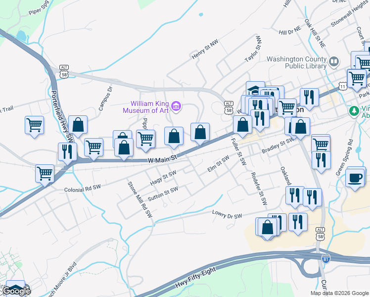 map of restaurants, bars, coffee shops, grocery stores, and more near 461 West Main Street in Abingdon