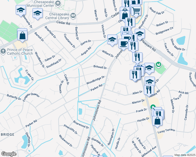 map of restaurants, bars, coffee shops, grocery stores, and more near 220 Woodbridge Drive in Chesapeake