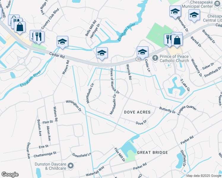 map of restaurants, bars, coffee shops, grocery stores, and more near 512 Bonsack Court in Chesapeake