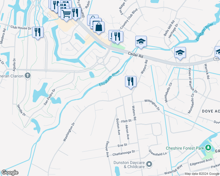 map of restaurants, bars, coffee shops, grocery stores, and more near 903 Bells Creek Court in Chesapeake