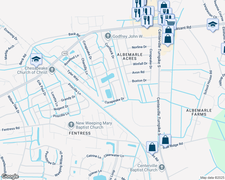 map of restaurants, bars, coffee shops, grocery stores, and more near 508 Hatteras Crescent in Chesapeake