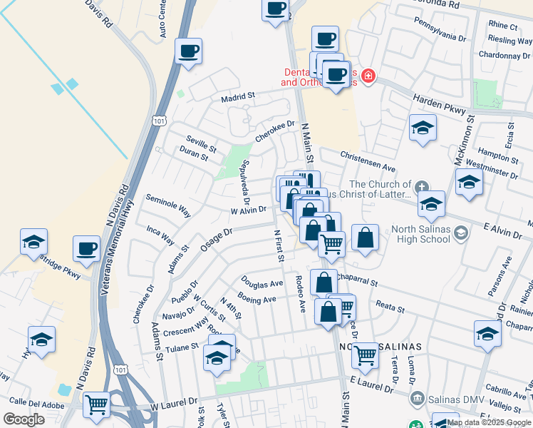 map of restaurants, bars, coffee shops, grocery stores, and more near 207 Osage Drive in Salinas