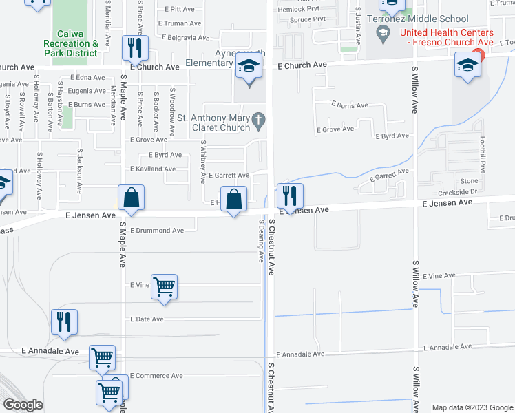 map of restaurants, bars, coffee shops, grocery stores, and more near 4778 East Hoxie Avenue in Fresno