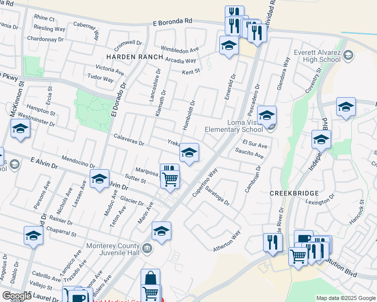 map of restaurants, bars, coffee shops, grocery stores, and more near 634 Yreka Drive in Salinas