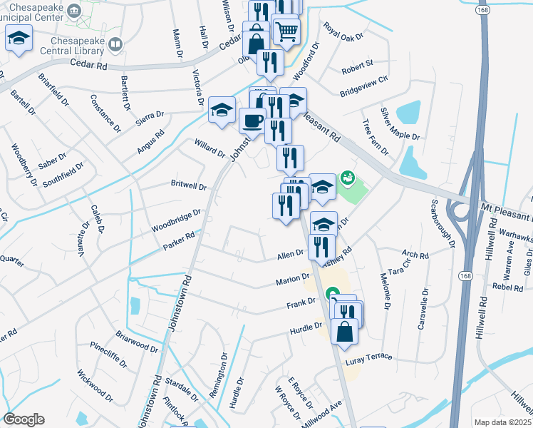 map of restaurants, bars, coffee shops, grocery stores, and more near 220 Fresno Drive in Chesapeake