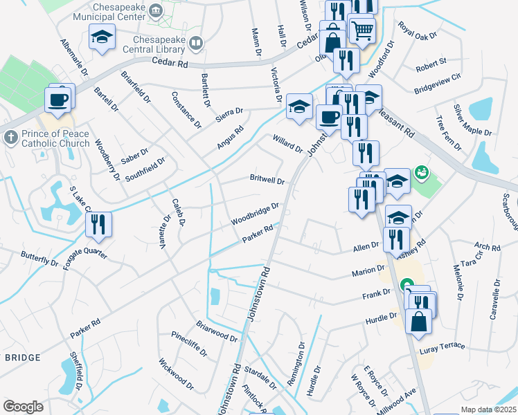 map of restaurants, bars, coffee shops, grocery stores, and more near 220 Woodbridge Drive in Chesapeake