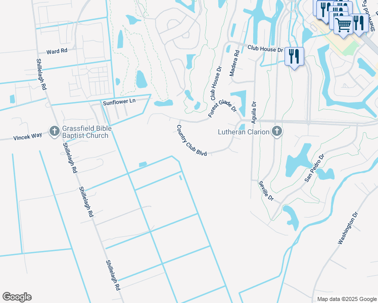 map of restaurants, bars, coffee shops, grocery stores, and more near 921 Country Club Boulevard in Chesapeake