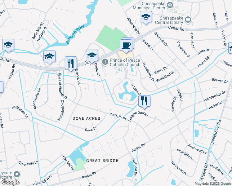 map of restaurants, bars, coffee shops, grocery stores, and more near 407 Breezy Point in Chesapeake