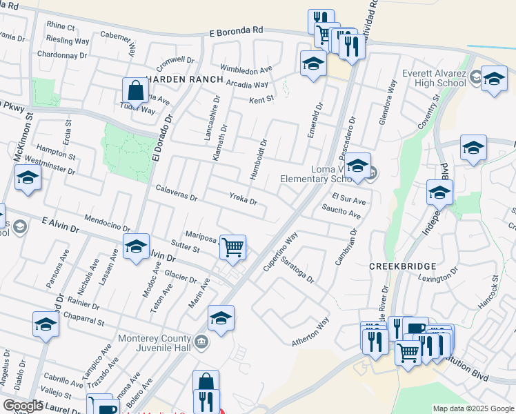 map of restaurants, bars, coffee shops, grocery stores, and more near 634 Yreka Drive in Salinas