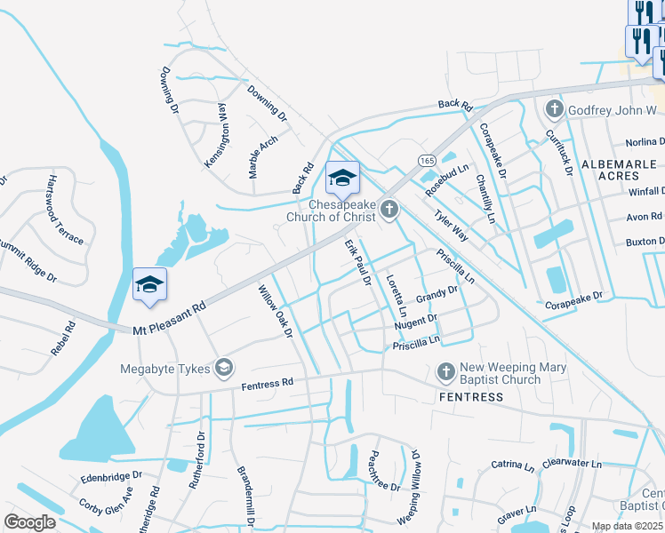 map of restaurants, bars, coffee shops, grocery stores, and more near 900 Lela Lane in Chesapeake