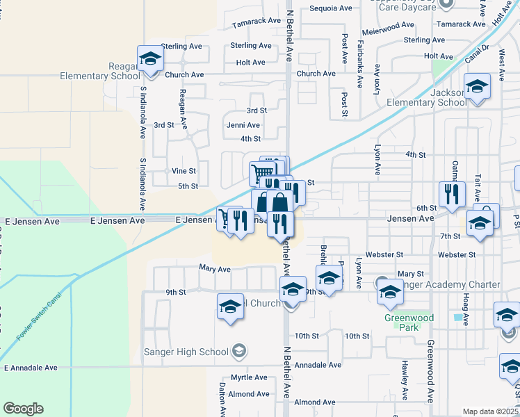 map of restaurants, bars, coffee shops, grocery stores, and more near 2656 Jensen Avenue in Sanger