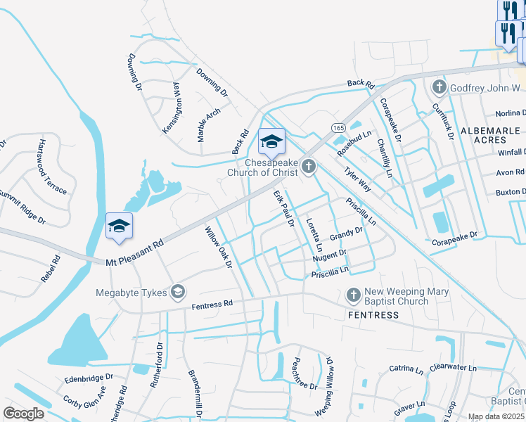 map of restaurants, bars, coffee shops, grocery stores, and more near 900 Lela Lane in Chesapeake