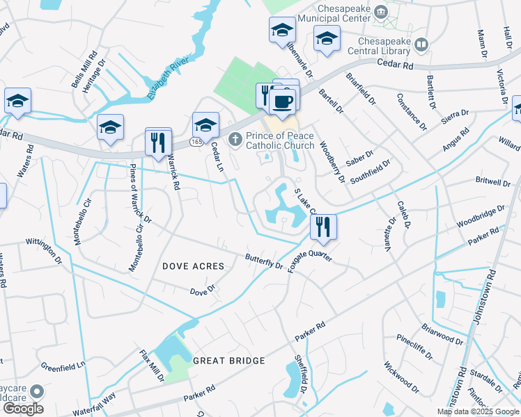 map of restaurants, bars, coffee shops, grocery stores, and more near 407 Breezy Point in Chesapeake