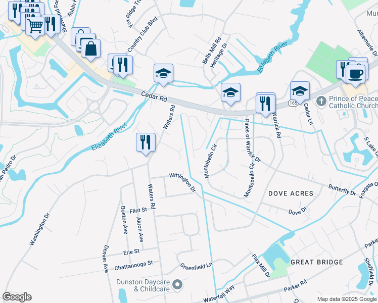 map of restaurants, bars, coffee shops, grocery stores, and more near 342 Middle Oaks Drive in Chesapeake