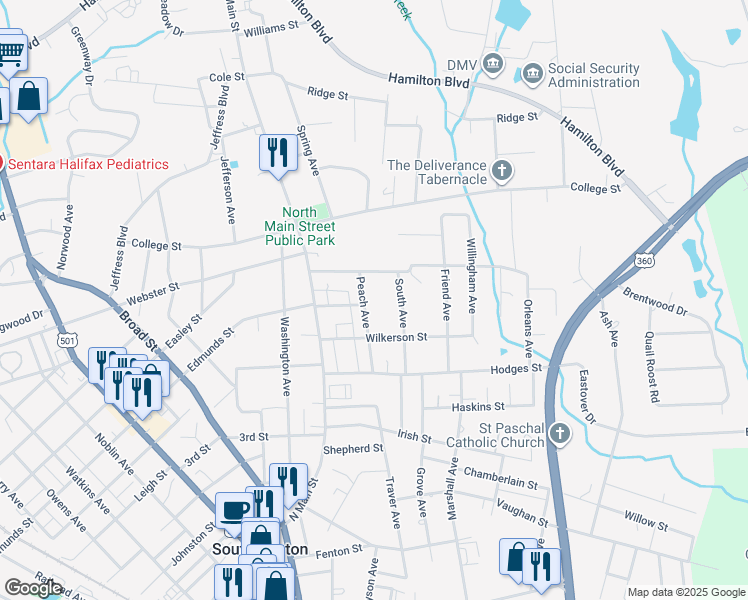 map of restaurants, bars, coffee shops, grocery stores, and more near 1423 Peach Avenue in South Boston