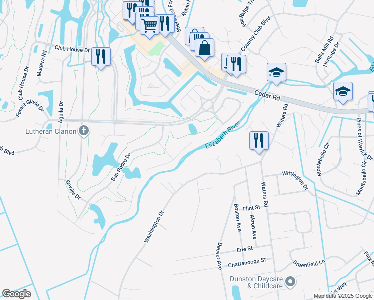 map of restaurants, bars, coffee shops, grocery stores, and more near 409 Granada Drive in Chesapeake