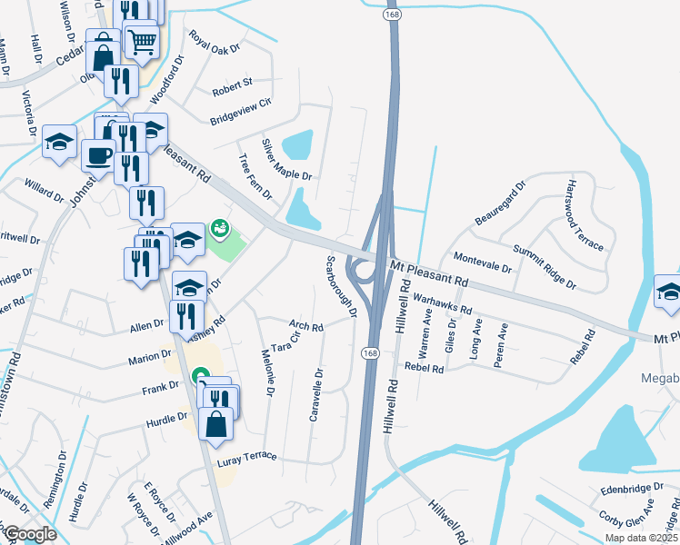 map of restaurants, bars, coffee shops, grocery stores, and more near 409 Scarborough Drive in Chesapeake
