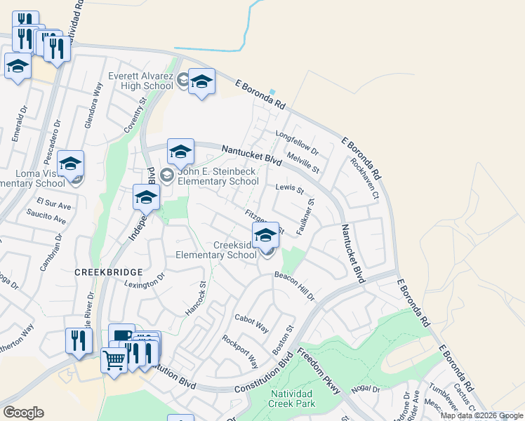 map of restaurants, bars, coffee shops, grocery stores, and more near 1818 Hemingway Drive in Salinas