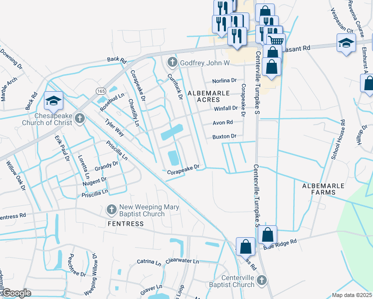 map of restaurants, bars, coffee shops, grocery stores, and more near 509 Hatteras Crescent in Chesapeake