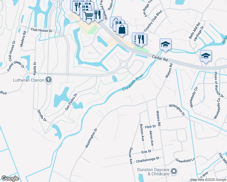 map of restaurants, bars, coffee shops, grocery stores, and more near 407 Granada Drive in Chesapeake