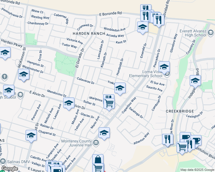 map of restaurants, bars, coffee shops, grocery stores, and more near 607 Calaveras Drive in Salinas