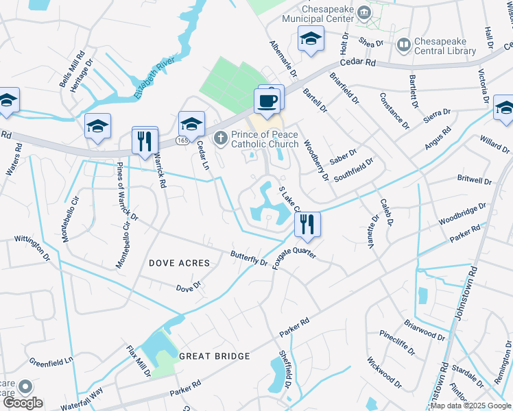 map of restaurants, bars, coffee shops, grocery stores, and more near 420 Breezy Point in Chesapeake