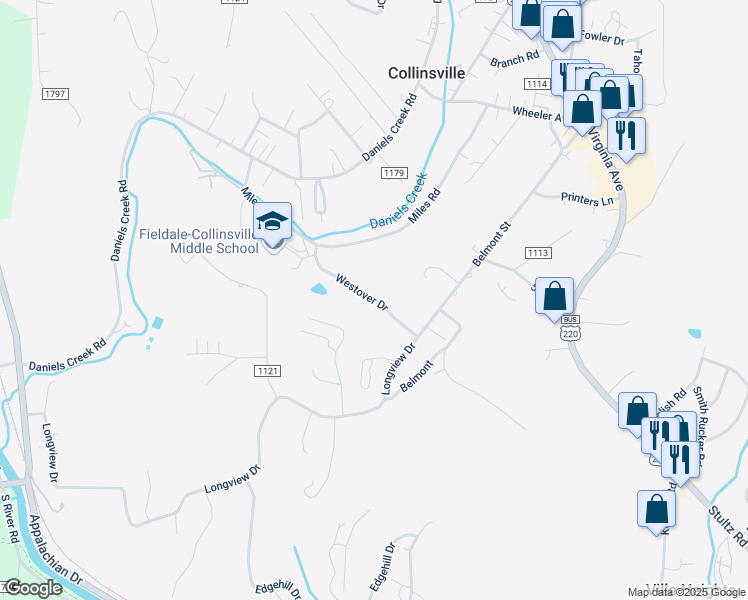 map of restaurants, bars, coffee shops, grocery stores, and more near 1134 Westover Drive in Collinsville
