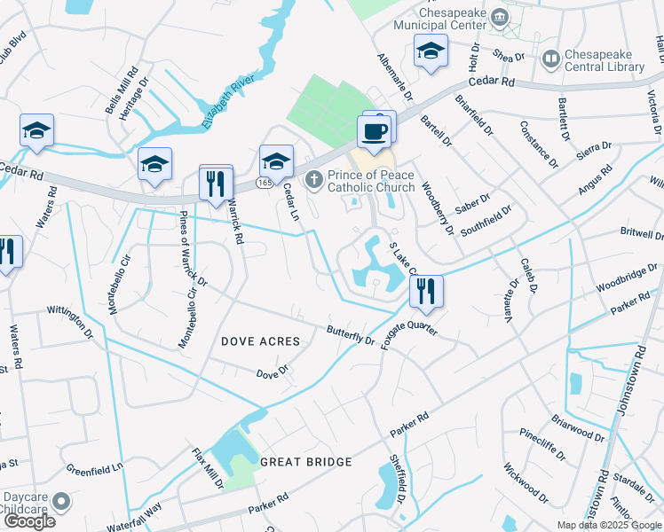 map of restaurants, bars, coffee shops, grocery stores, and more near 842 South Lake Circle in Chesapeake