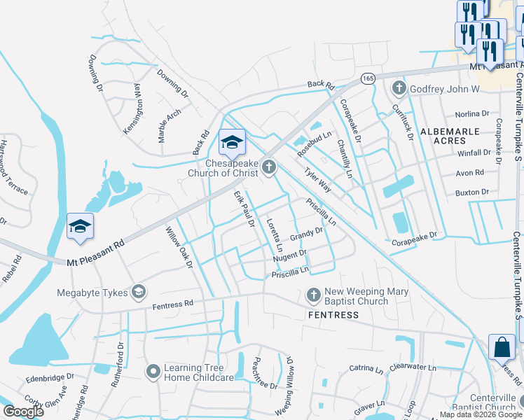 map of restaurants, bars, coffee shops, grocery stores, and more near 1001 Mount Pleasant Road in Chesapeake