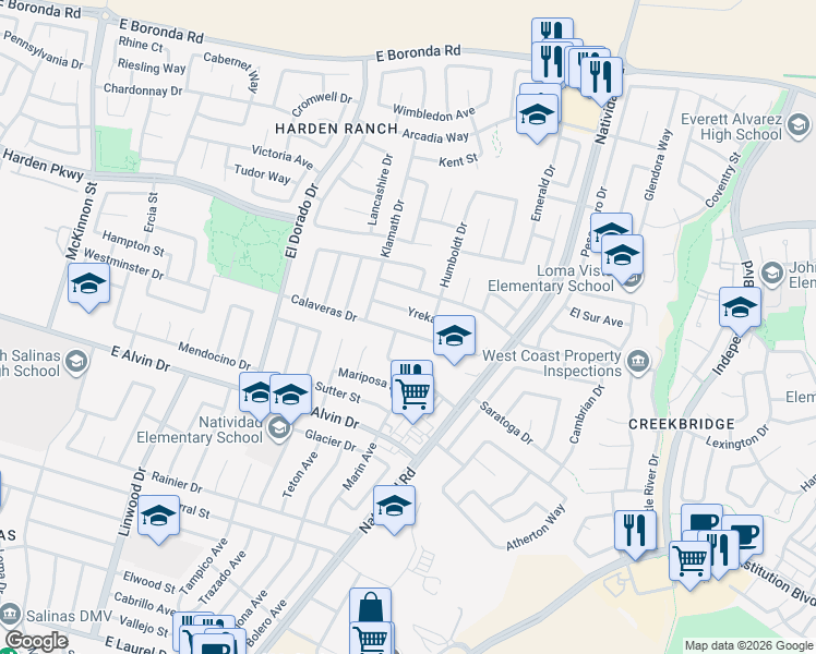 map of restaurants, bars, coffee shops, grocery stores, and more near 571 Yreka Drive in Salinas
