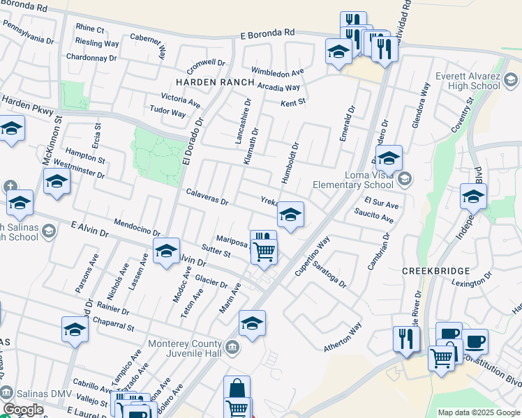 map of restaurants, bars, coffee shops, grocery stores, and more near 607 Calaveras Drive in Salinas
