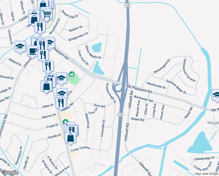 map of restaurants, bars, coffee shops, grocery stores, and more near 409 Scarborough Drive in Chesapeake