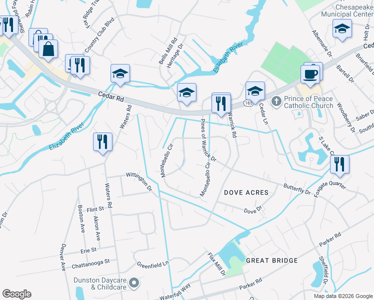 map of restaurants, bars, coffee shops, grocery stores, and more near 704 Montebello Circle in Chesapeake