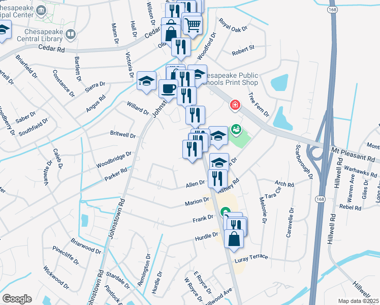 map of restaurants, bars, coffee shops, grocery stores, and more near 207 Williamsburg Drive in Chesapeake