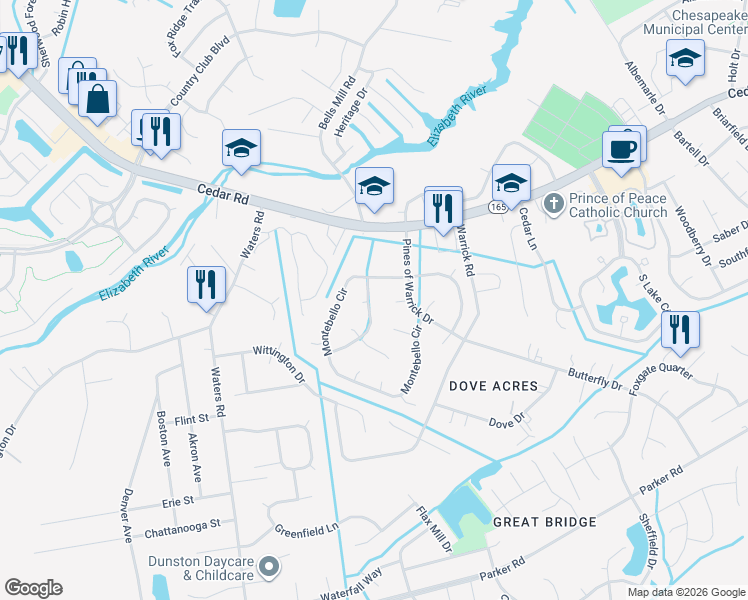 map of restaurants, bars, coffee shops, grocery stores, and more near 716 Montebello Circle in Chesapeake