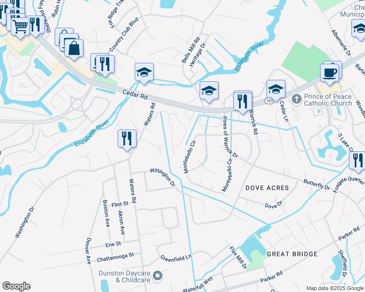 map of restaurants, bars, coffee shops, grocery stores, and more near 412 Faire Chase in Chesapeake