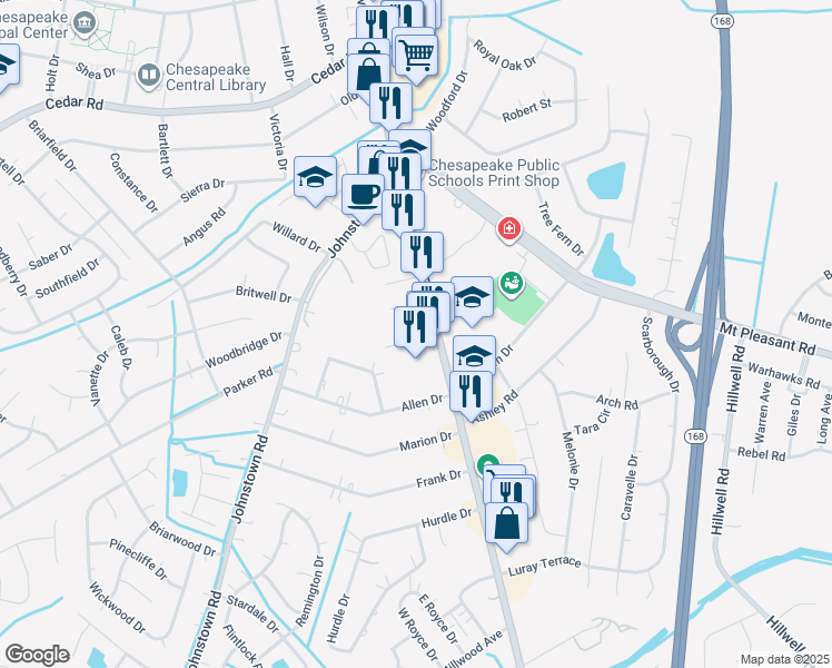 map of restaurants, bars, coffee shops, grocery stores, and more near 104 Williamsburg Drive in Chesapeake