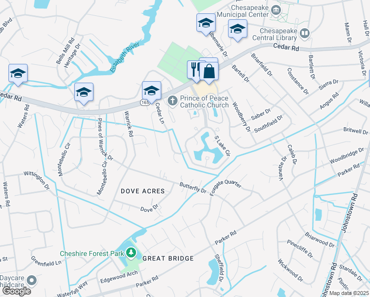 map of restaurants, bars, coffee shops, grocery stores, and more near 842 South Lake Circle in Chesapeake