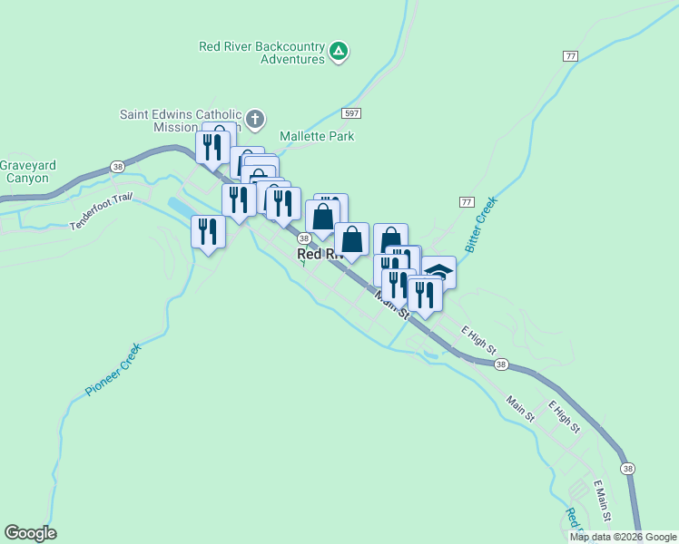 map of restaurants, bars, coffee shops, grocery stores, and more near 121 East Main Street in Red River