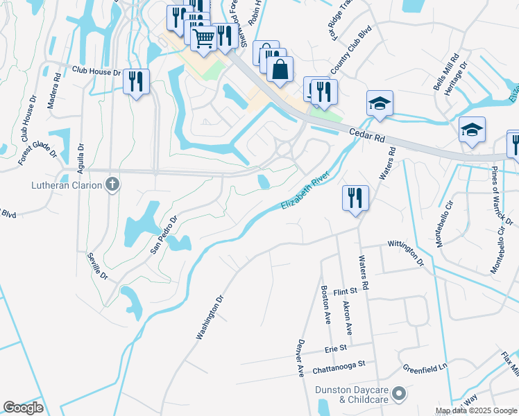 map of restaurants, bars, coffee shops, grocery stores, and more near 407 Granada Drive in Chesapeake