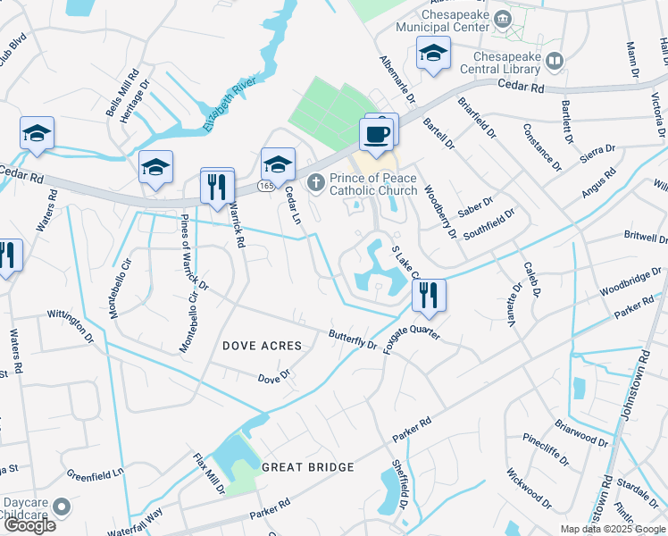 map of restaurants, bars, coffee shops, grocery stores, and more near 904 South Lake Circle in Chesapeake