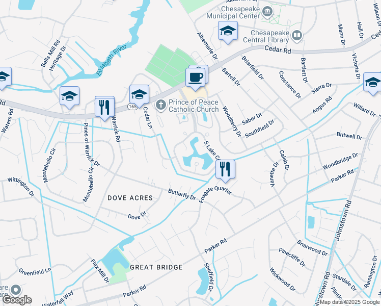 map of restaurants, bars, coffee shops, grocery stores, and more near 417 Breezy Point in Chesapeake